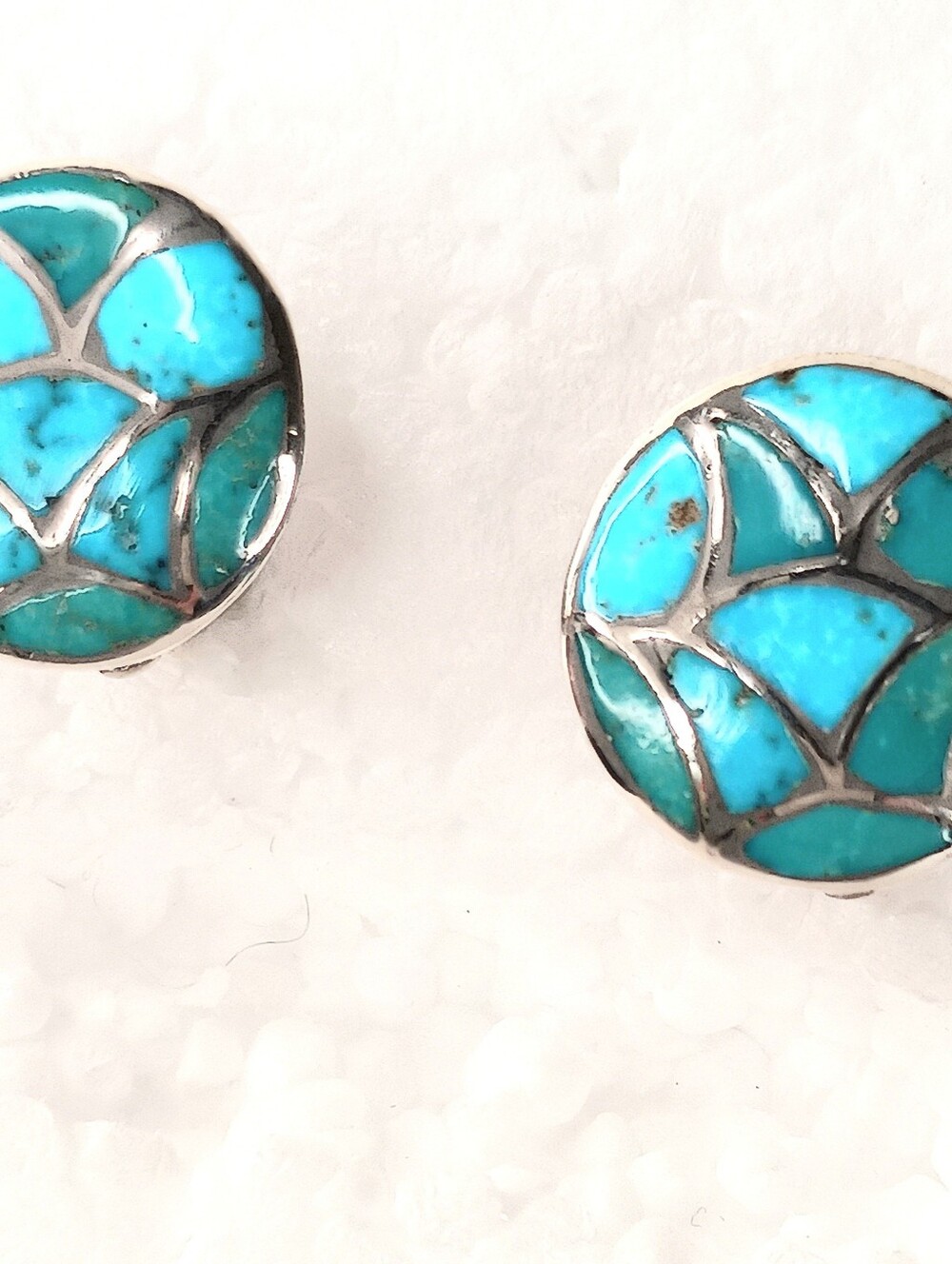 Earrings Clip Mexico 925 Sterling Turquoise Inlay Vintage Modernist Design